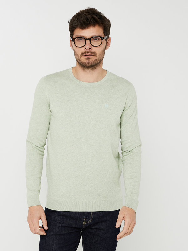 BASEFIELD Pull Fin, Maille Jersey En Coton Stretch, Col Rond Vert 1000673