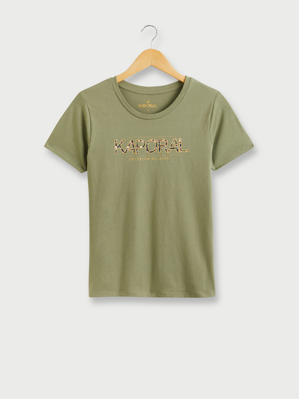 KAPORAL Tee-shirt Col Rond En Coton Bio,  Logo Signature  Motif, Contour Paillet Vert 1001117