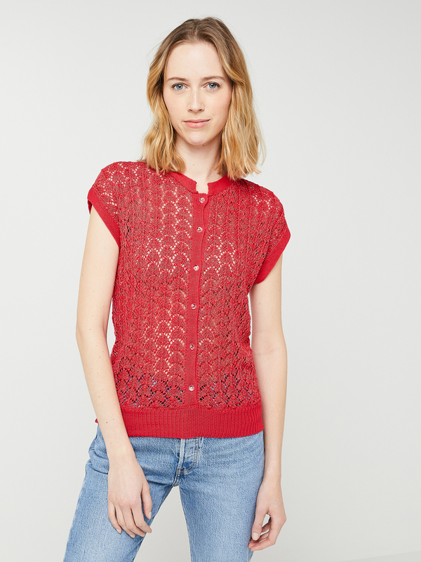 MOLLY BRACKEN Pull Manches Courtes, Effet Cardigant En Maille Ajoure Rouge 1001163