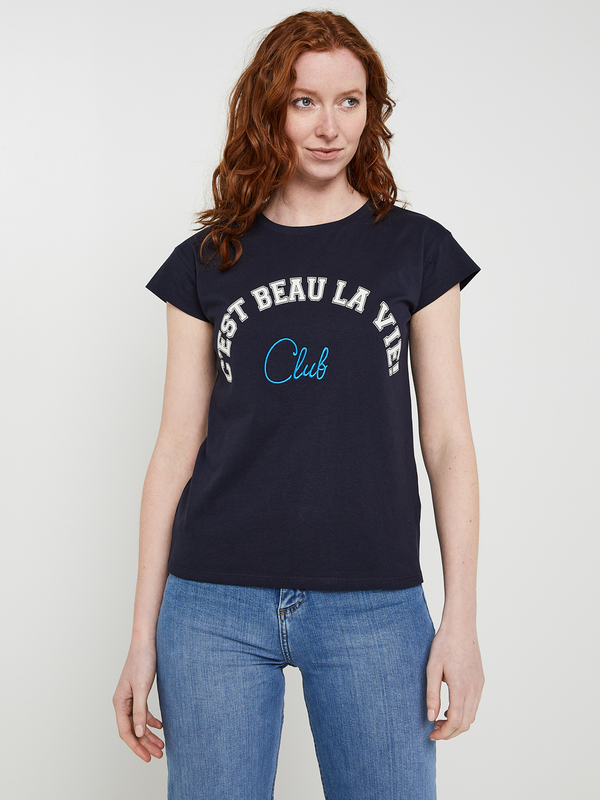 C EST BEAU LA VIE Tee-shirt Col Rond En Coton Bio, Logo Signature Sur La Poitrine Bleu marine 1021423