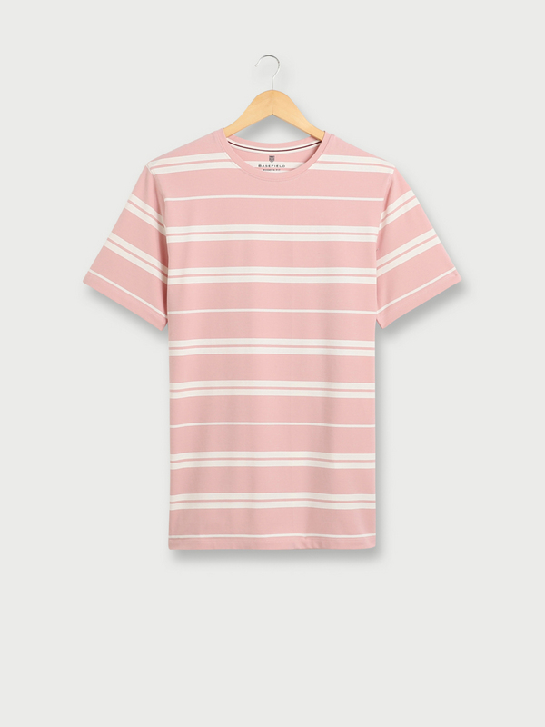 BASEFIELD Tee-shirt  Rayures En Coton Stretch, Col Rond, Modern Fit Corail 1025147