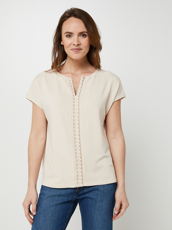 STREET ONE Tee-shirt Uni Manches Courtes, Encolure V Brode Beige 1025151