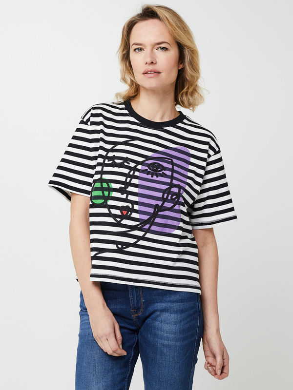 DESIGUAL Tee-shirt Raccourci  Rayure En 100% Coton , Visage Arty Brod Noir 1025174