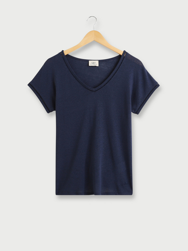 JULIE GUERLANDE Tee-shirt En Lin Mlang, Encolure V Finition Jour chelle Bleu marine 1025316