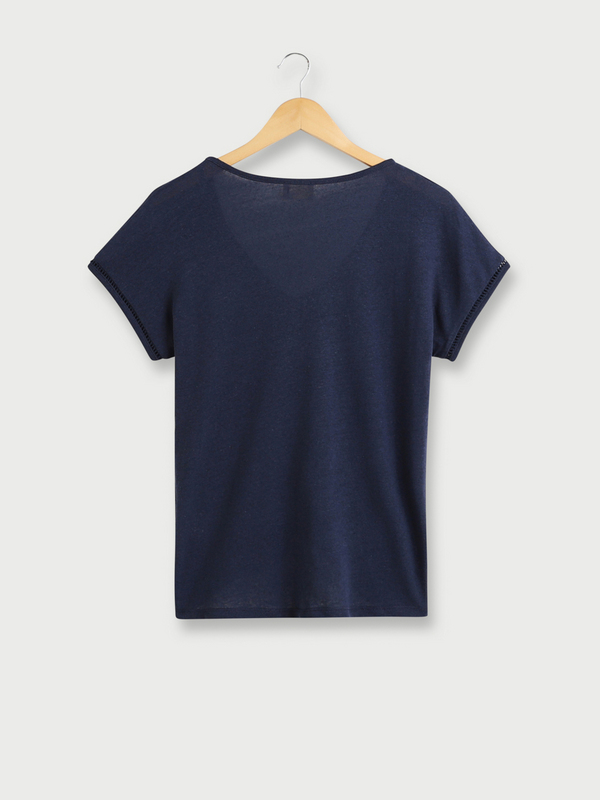 JULIE GUERLANDE Tee-shirt En Lin Mlang, Encolure V Finition Jour chelle Bleu marine Photo principale