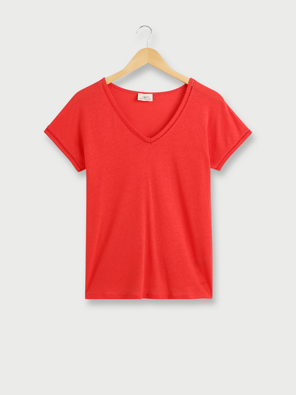 JULIE GUERLANDE Tee-shirt En Lin Mlang, Encolure V Finition Jour chelle Rouge 1025316