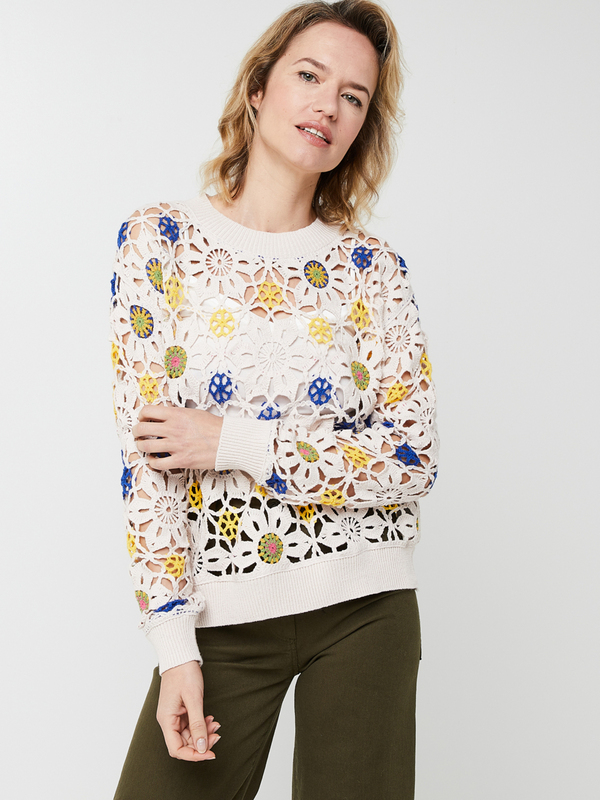 DESIGUAL Pull Ajoure En Crochet  Motifs Floraux De Style Rtro Blanc 1025455