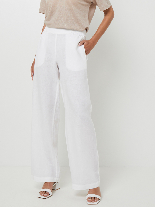 ESPRIT Pantalon Large En 100% Lin, Taille lastique Blanc 1027318