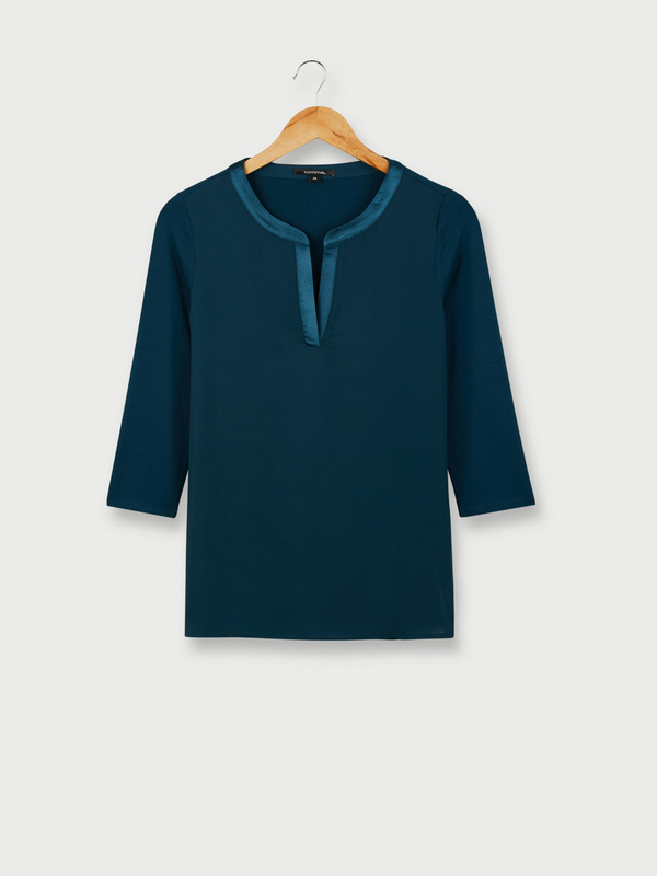 COMMA Tee-shirt Bimatire Uni Manches 3/4 Bleu Canard 1043365