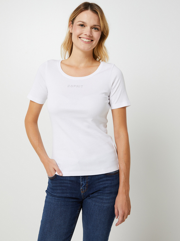 ESPRIT Tee-shirt Uni Manches Courte, Col Rond, Logo Strass Blanc 1054402