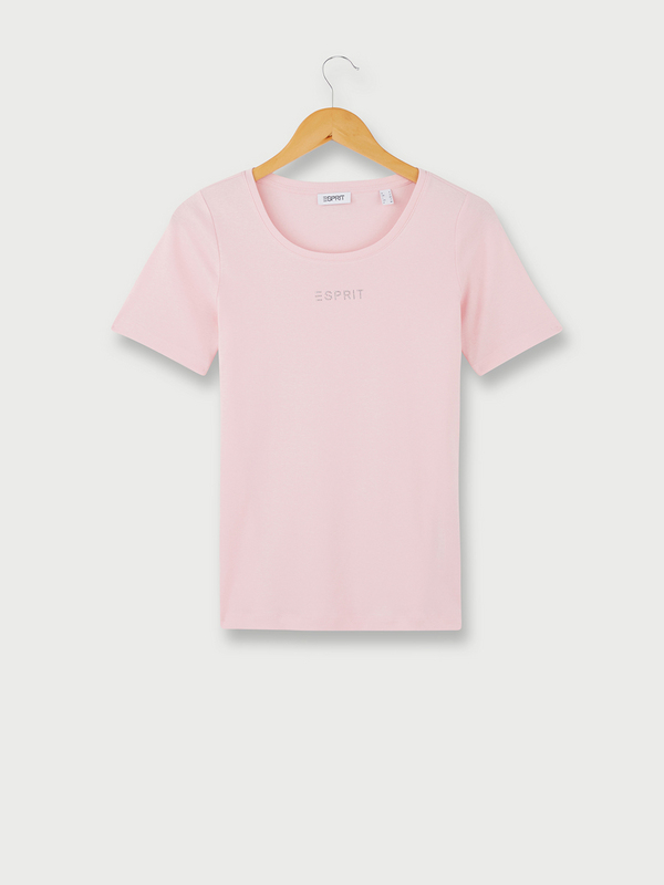 ESPRIT Tee-shirt Uni Manches Courte, Col Rond, Logo Strass Rose 1054402