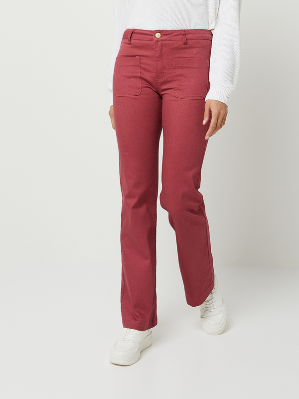 LA PETITE ETOILE Pantalon Flare En Coton Stretch Poches Plaques Devant Rose fonc Photo principale