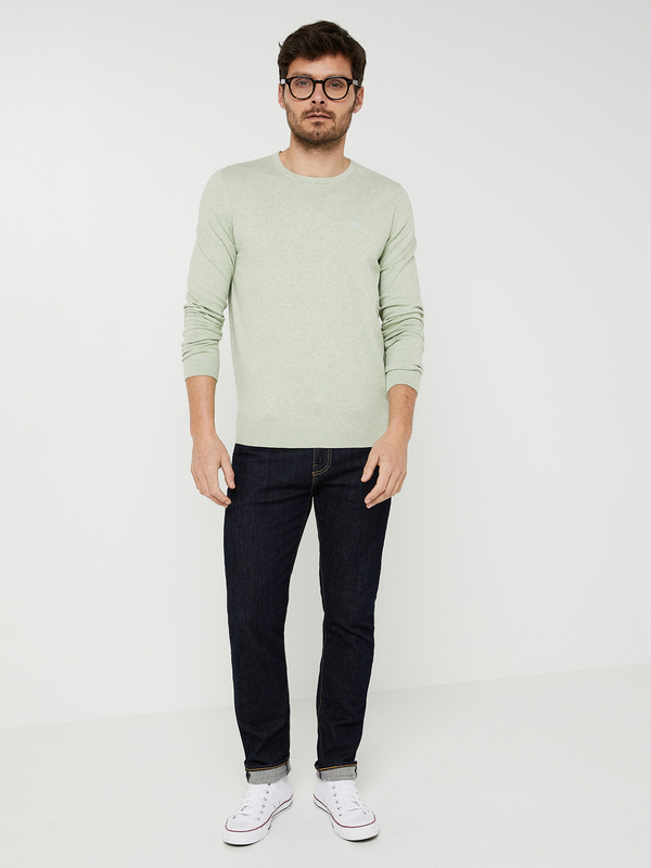 BASEFIELD Pull Fin, Maille Jersey En Coton Stretch, Col Rond Vert Photo principale