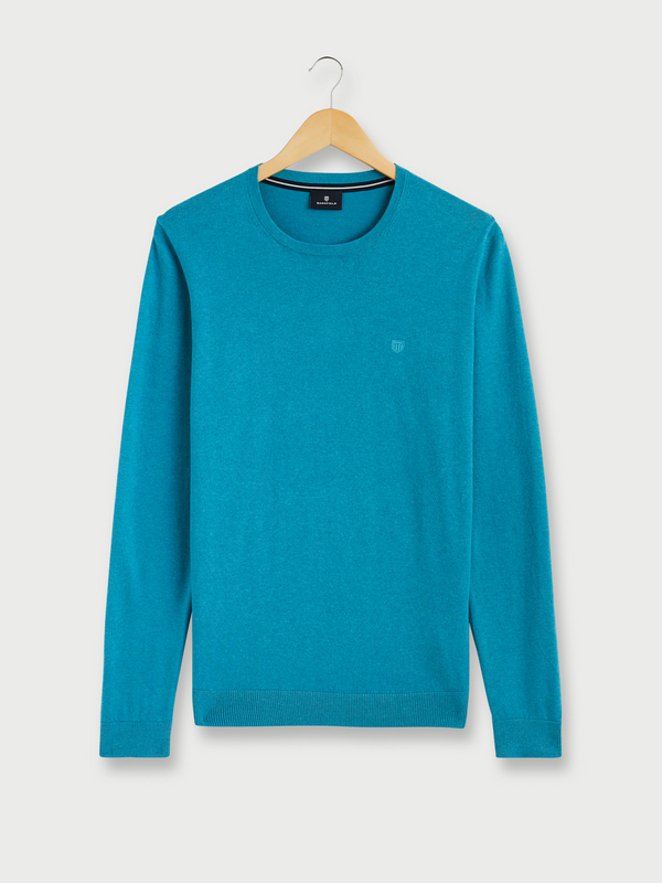BASEFIELD Pull Fin, Maille Jersey En Coton Stretch, Col Rond Bleu turquoise