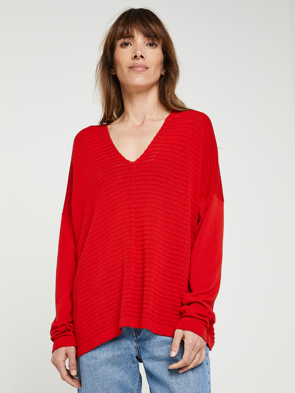 LA FEE MARABOUTEE Pull Col V, Maille Fantaisie Rouge