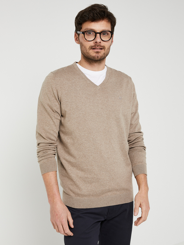 BASEFIELD Pull Col V En Coton Stretch Chiné Taupe