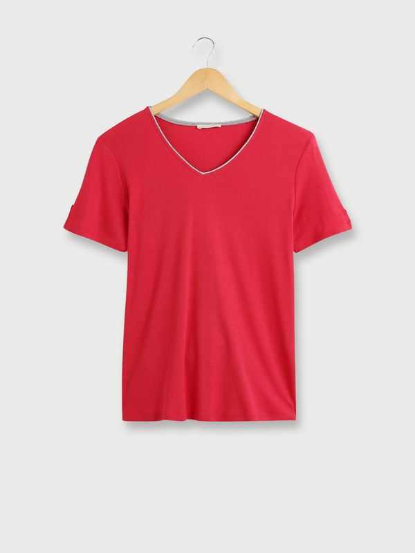 DIANE LAURY Tee-shirt Uni, Encolure V, Coupe Cintrée Rose foncé