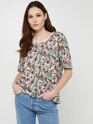 KAPORAL Tee-shirt Ample Motif Fleurs Avec Lin Vert