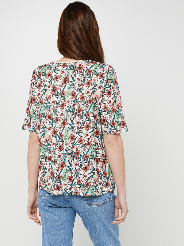 KAPORAL Tee-shirt Ample Motif Fleurs Avec Lin Vert Photo principale