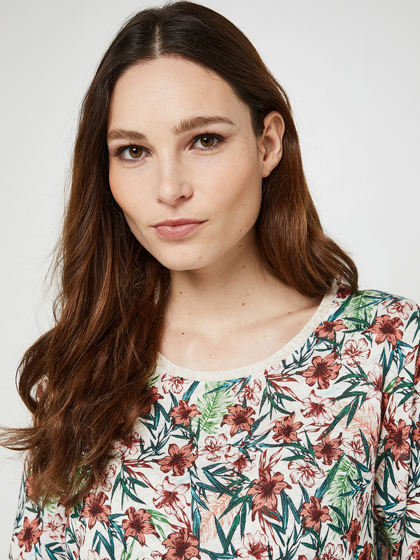 KAPORAL Tee-shirt Ample Motif Fleurs Avec Lin Vert Photo principale