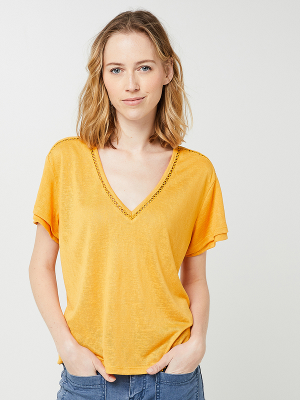 VILA Tee-shirt Col V, Détails Ajourés, Double Manches Courtes Superposées Orange