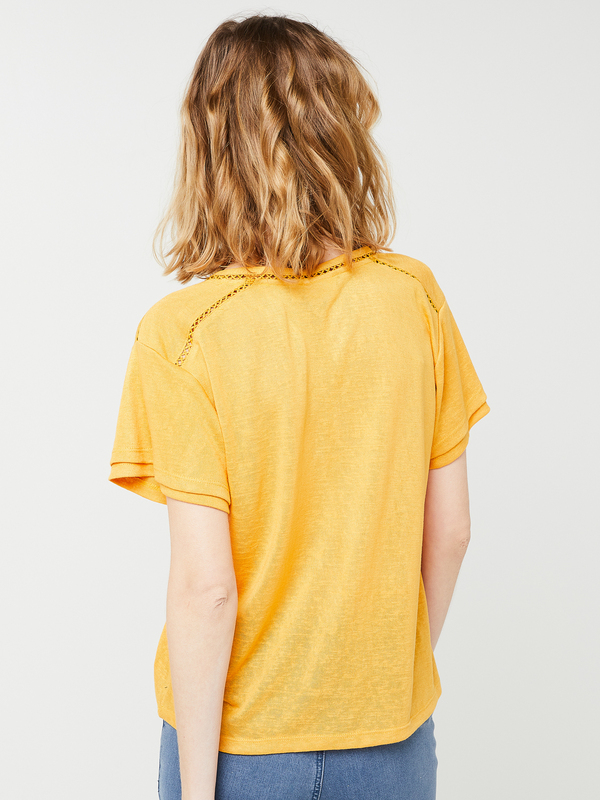 VILA Tee-shirt Col V, Dtails Ajours, Double Manches Courtes Superposes Orange Photo principale