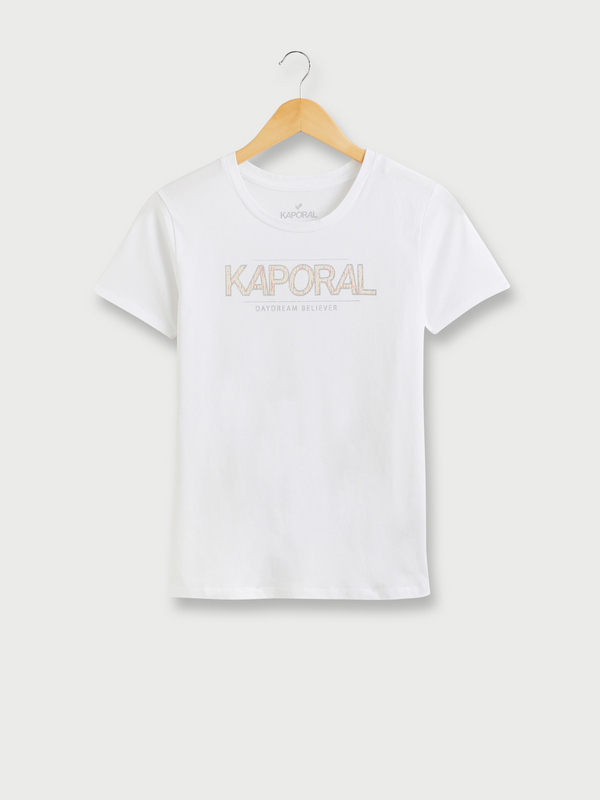KAPORAL Tee-shirt Col Rond En Coton Bio,  Logo Signature À Motif, Contour Pailleté Blanc