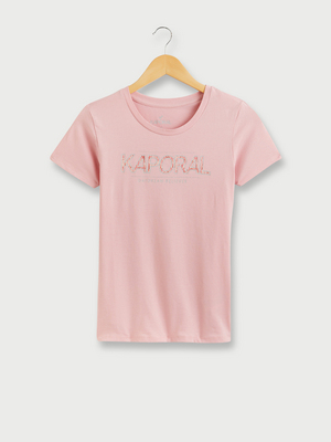 KAPORAL Tee-shirt Col Rond En Coton Bio,  Logo Signature À Motif, Contour Pailleté Rose clair