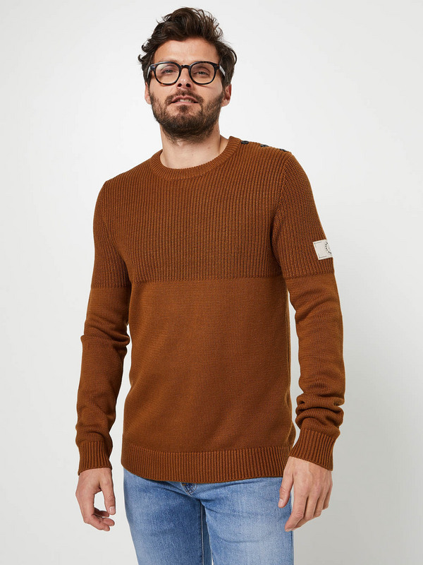 JACK AND JONES Pull Col Rond, paule Boutonne Camel 1004021