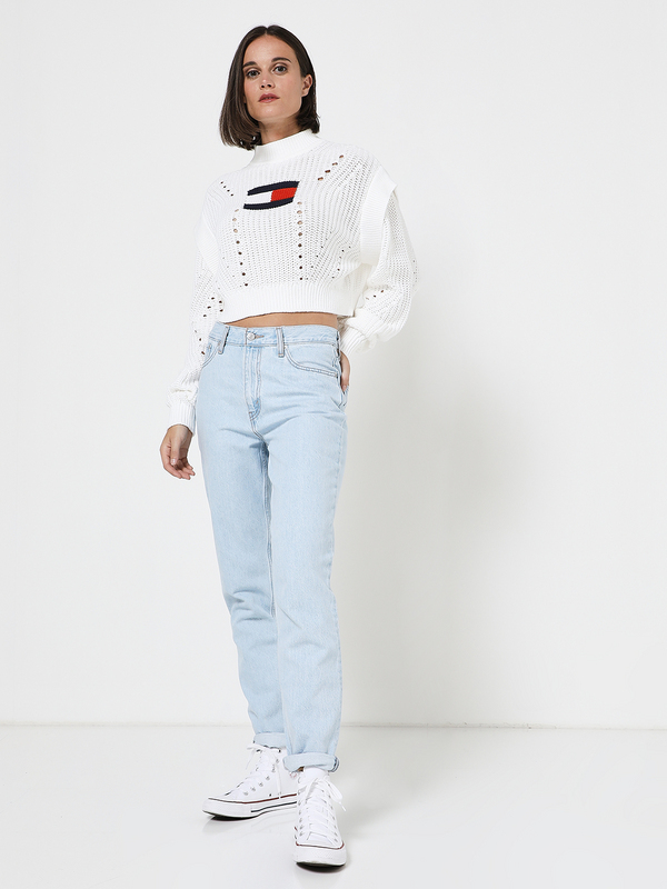 TOMMY JEANS Pull Cropped Logo Intarsia Blanc