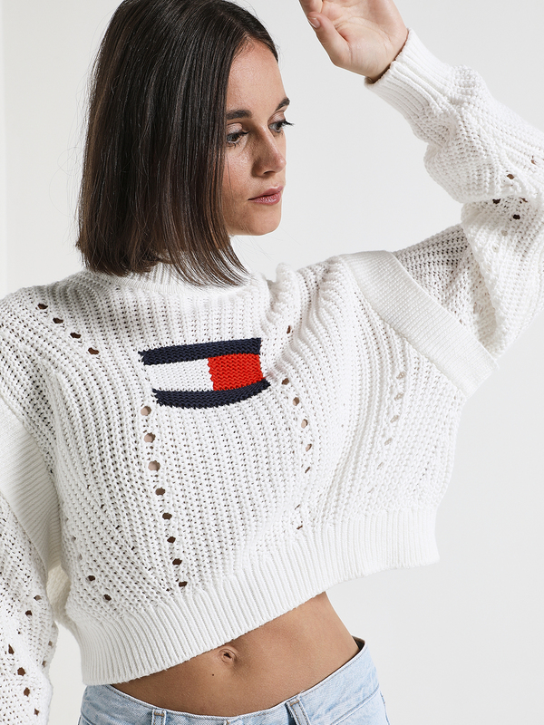 TOMMY JEANS Pull Cropped Logo Intarsia Blanc Photo principale