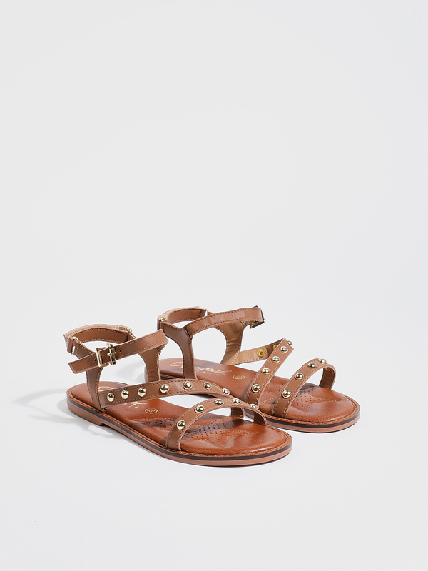 KAPORAL Sandale Plate En Cuir  Lanires Cloutes Eloise Marron Photo principale