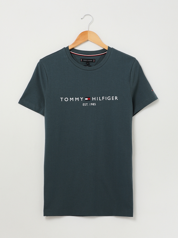 TOMMY HILFIGER Tee-shirt Slim En Coton Bio, Logo Brod Gris bleu Photo principale