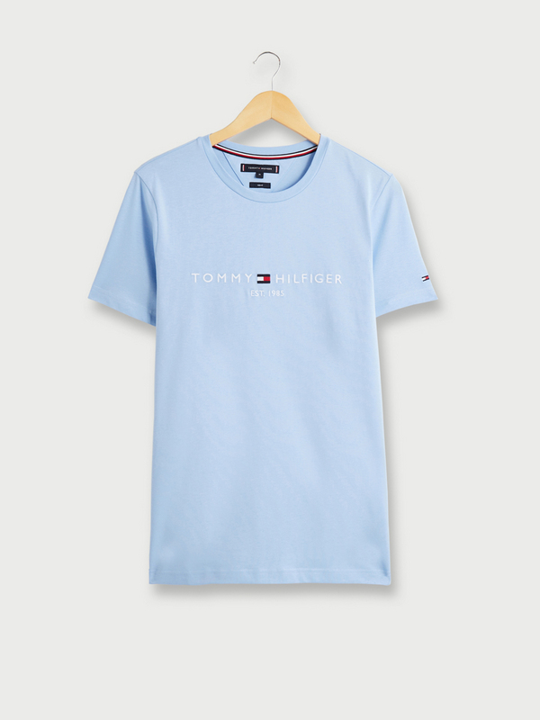 TOMMY HILFIGER Tee-shirt Slim En Coton Bio, Logo Brodé Bleu ciel