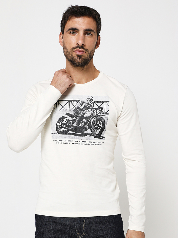 PETROL INDUSTRIES Tee-shirt Manches Longues, Print Moto Blanc cassé