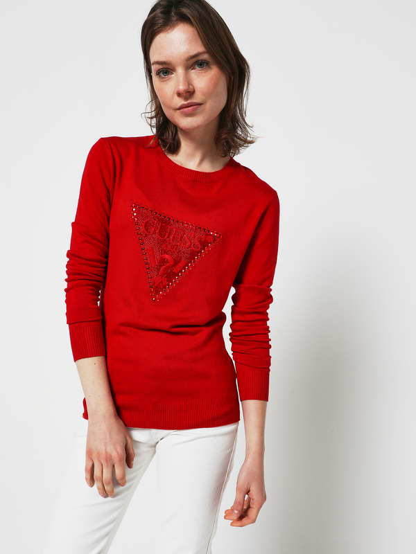 GUESS Pull Fine Jauge Logo Strass Rouge Photo principale
