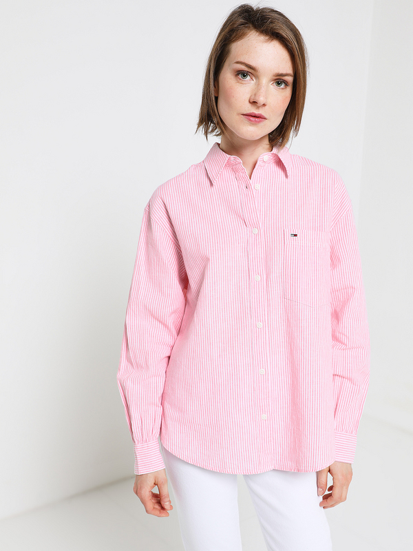 TOMMY JEANS Chemisier Ample Lin Et Coton Fines Rayures Rose Photo principale