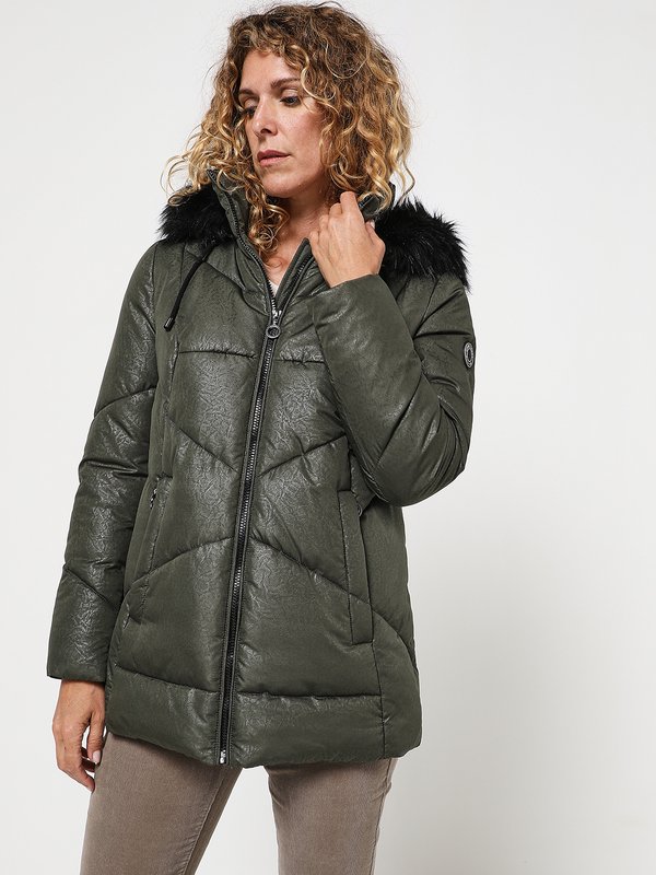 DIANE LAURY Doudoune Effet Satin Avec Capuche Bord Fourrure Vert kaki