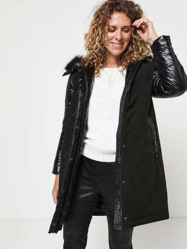 DIANE LAURY Doudoune Bi-matire Avec Capuche Bord Fourrure Noir
