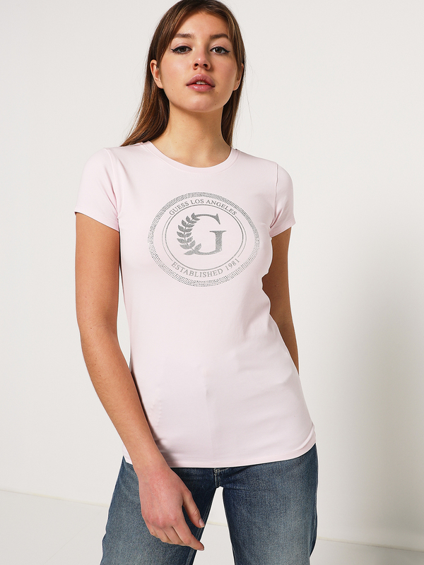 GUESS Tee-shirt Logo Strass Et Paillet Rose Photo principale