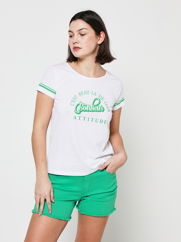 C EST BEAU LA VIE Tee-shirt En Coton Uni Avec Message Vert