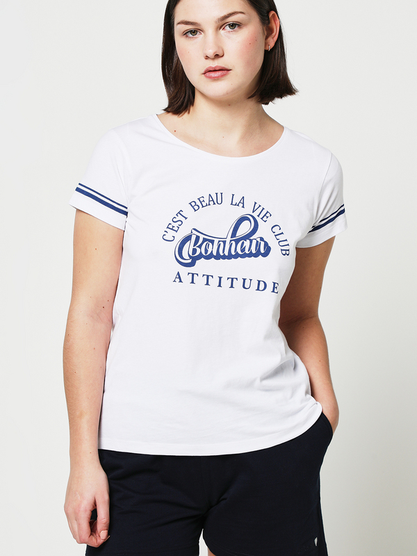 C EST BEAU LA VIE Tee-shirt En Coton Uni Avec Message Bleu marine