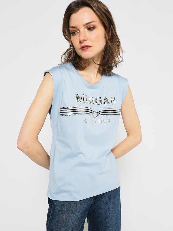 MORGAN Tee-shirt Mancherons Dtails Foil Et Bijou Cœur Bleu ciel Photo principale