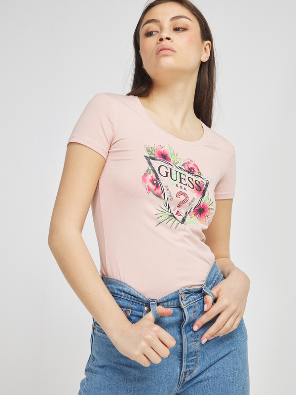 GUESS Tee-shirt Logo Fleuri Et Strass Rose Photo principale
