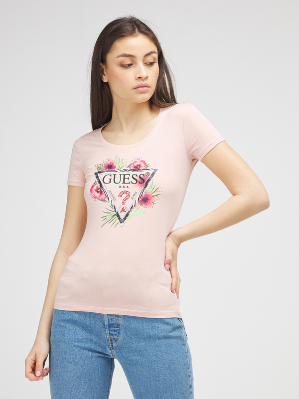 GUESS Tee-shirt Logo Fleuri Et Strass Rose Photo principale