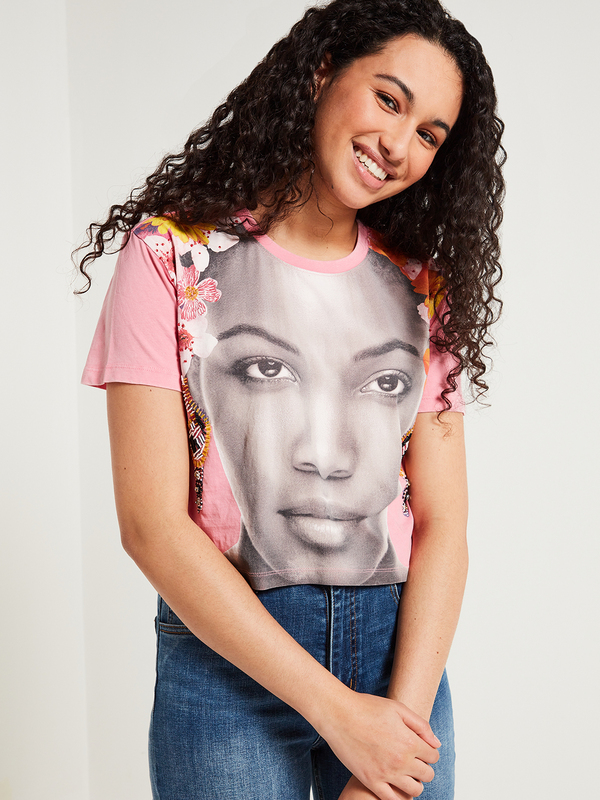 DESIGUAL Tee-shirt Cropped Motif Plac Avec Perles Rose Photo principale