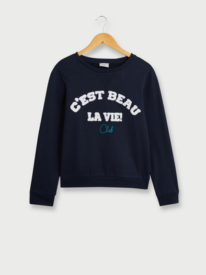 C-EST-BEAU-LA-VIE Sweat-shirt En Molleton De Coton Bio, Logo Signature En Broderie Bouclette Bleu marine
