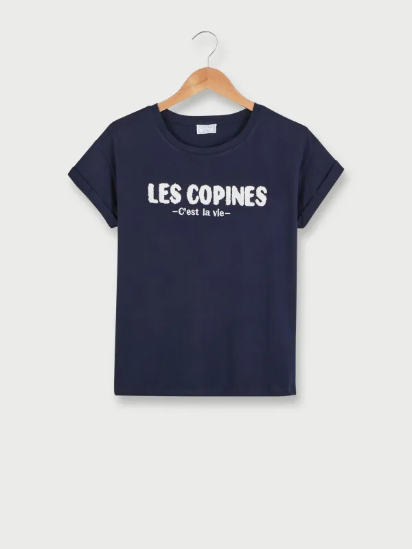 C EST BEAU LA VIE Tee-shirt Manches Courtes À Revers, Message En Broderie Bouclette Bleu marine