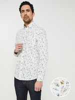 BASEFIELD Chemise Manches Longues, Modern Fit, Imprim Feuillage Blanc