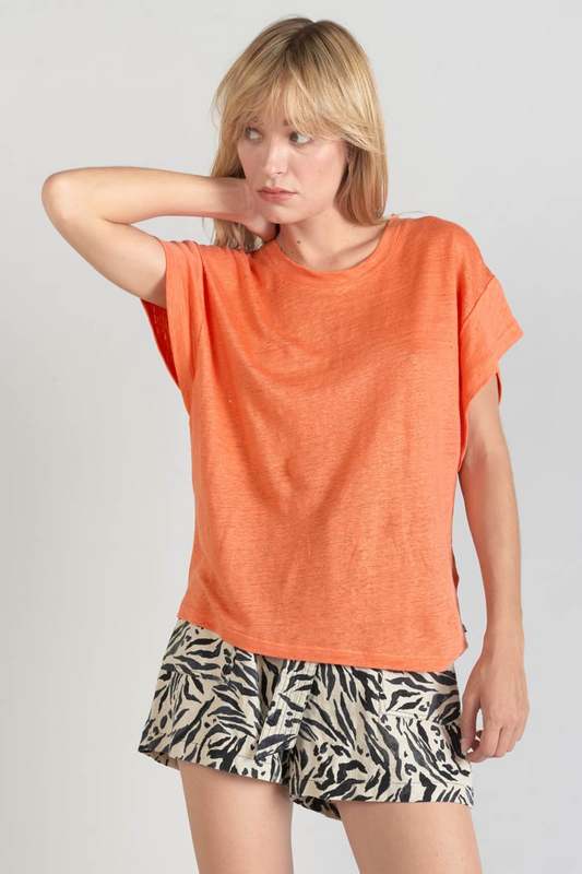 LE TEMPS DES CERISES Tee-shirt En Lin Uni Avec Micro Strass Ton Sur Ton Orange Photo principale